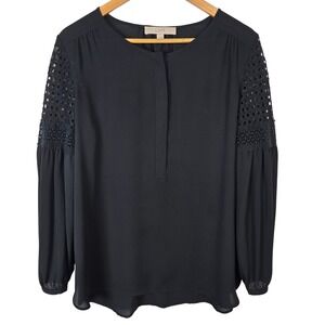 LOFT‎ Black Eyelet Sleeve Sheer Blouse Top Women's Size S